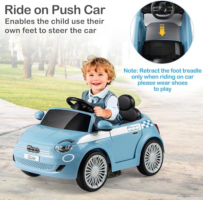 Licensed Fiat 500 Ride on Push Car by INFANS, 3 in 1 Baby Stroller Sliding Walking Car with Retractable Footrest, Parent Control Handle, Horn, Foot-to-Floor Toys for Kids Toddlers 18 Month+ (Blue)
