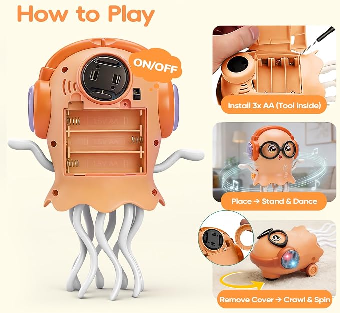 GONINO DJ Dancing Jellyfish Baby Toys, Musical Crawling Tummy Time Toys with LED Light & Smart Obstacle Avoidance, 360° Spin Sensory Toys for Toddlers, Kids Toys Birthday Gifts for Boys Girls, Orange