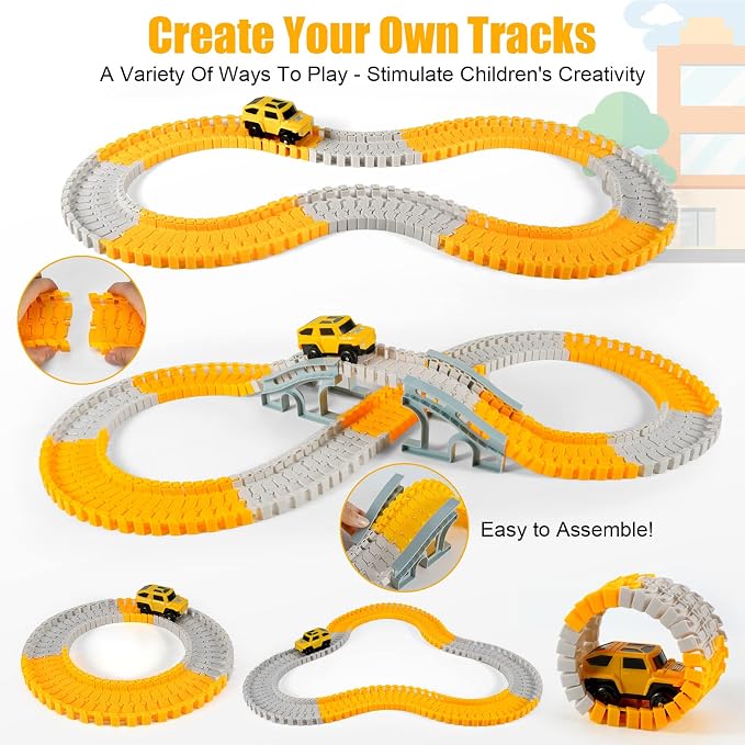 260 PCS Construction Race Tracks for Kids Toys, 2 Racing Cars, 4 Construction Cars, 1 Map & Flexible DIY Track Set, Engineering Toys for 3 4 5 6 Year Old Boys Girls
