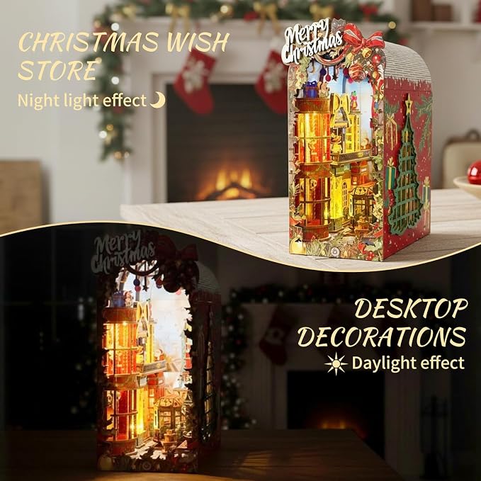 Christmas Book Nook Kit – DIY Miniature House Dollhouse Kit for Adults & Teens, 3D Wooden Puzzle Tiny House Bookshelf Decor, for Family and Friends