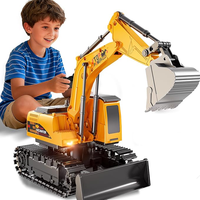 Remote Control Excavator for Boys 4-7, RC Excavator for Kids, 27 MHz Construction Trucks Vehicles Toys for Toddlers 1-3 3-5 4-7 with Metal Shovel and Light Birthday Boys Gifts