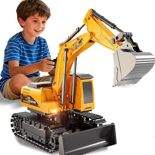 Remote Control Excavator for Boys 4-7, RC Excavator for Kids, 27 MHz Construction Trucks Vehicles Toys for Toddlers 1-3 3-5 4-7 with Metal Shovel and Light Birthday Boys Gifts