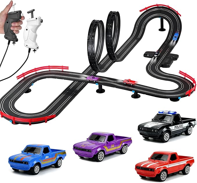 3 IN 1 Slot Car Race Track Set 1:87 with 4 High Speed Vintage Pickup Trucks, Electric Battery Dual Race, 2 Controllers, Lap Counter, Overpass, Loop Crossover, Toys Gifts for Kids Teens Adults All Ages