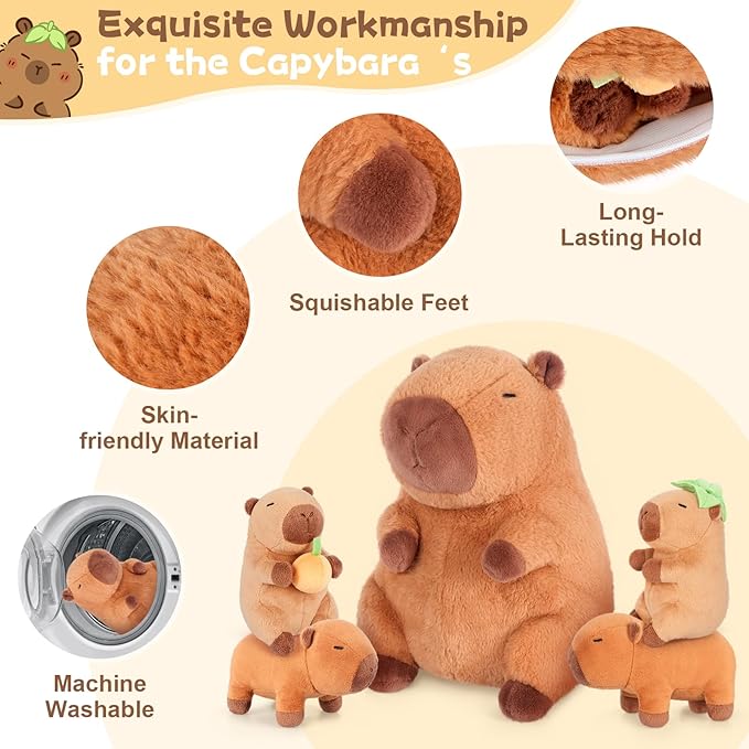 SuzziPals 5-in-1 Sitting Capybara Stuffed Animals with Babies Inside, 5PCS Set Capybara Plush with Mommy & 4 Babie, Soft Pillow Decor, Cute 3 to 8 Year Old Girl Gifts, Imaginative Play Toy(Capibara)