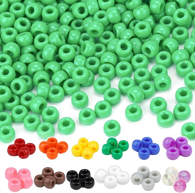 Dowsabel Green Pony Beads Bulk 1000 Pcs 6x9mm, Large Hole Kandi Hair Beads for Braids Bracelets, DIY Friendship Bracelets Necklaces Jewelry Making Crafts and Gifts