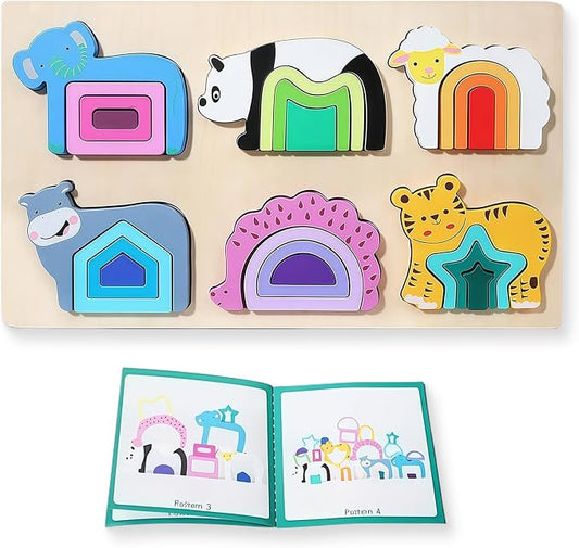Montessori Wooden Stacking Puzzle Toys，Shape Sorter Toys with 6 Animals & Colors, Educational Preschool Learning Sorting Toy for Boys Girls
