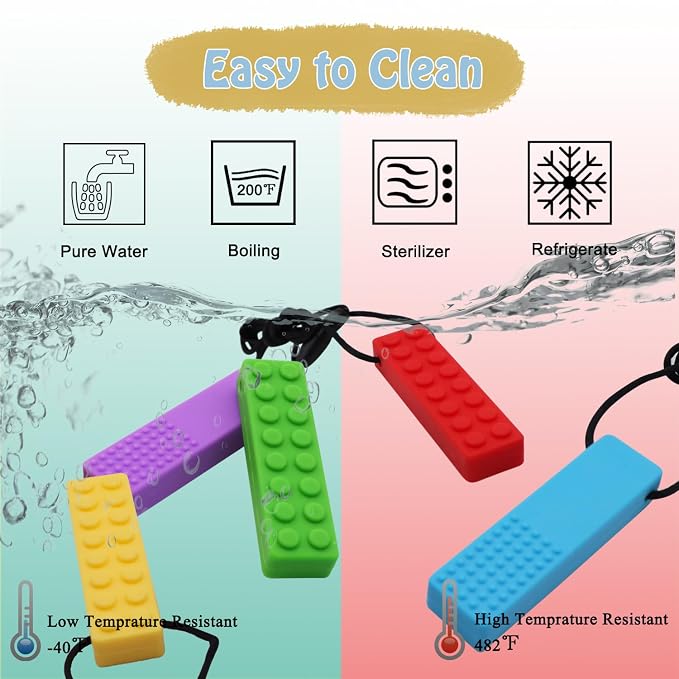 Chew Necklaces for Sensory Kids, 5PCS Building Block Silicone Chewy Necklace for Boys and Girls with Autism Biting Chewing, BPA Free Teether Toys for Baby Toddler and Infant Teething