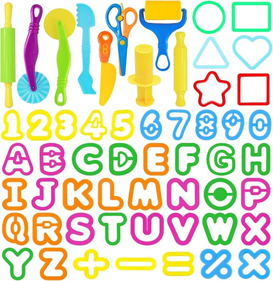 LCY WEDSHI Dough Tool Set, 56 Pcs Dough Tools Sets for Kids Ages 4-8, Dough Accessories Includes Alphabet Numbers Shapes, Cutters Roller, Rolling Pins, Safety Scissors, Plastic Knife