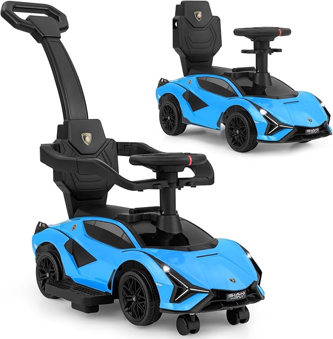 INFANS 3 in 1 Ride on Push Car, Licensed Lamborghini Baby Sliding Walking Car with Parent Control Handle, Music, USB, Headlight, Under Seat Storage, Foot-to-Floor Toy for 18-60 Months (Blue)
