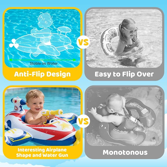 Baby Airplane Pool Float with Handle & Squirt Gun, Baby Swim Float Swimming Pool Float Kids Toddler Floaties Toddler Pool Float Age 1-4 Boys Girls Inflatable Ride-ons Pool Beach Toys