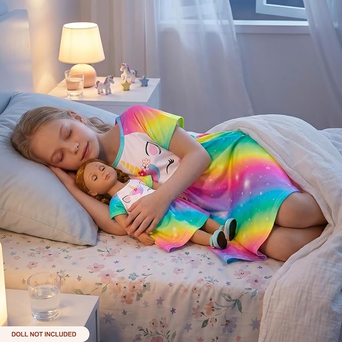 Play Tailor Doll and Girl Matching Nightgown Unicorn Outfit Pajamas Night Dress for Girls and 18" Dolls Clothes