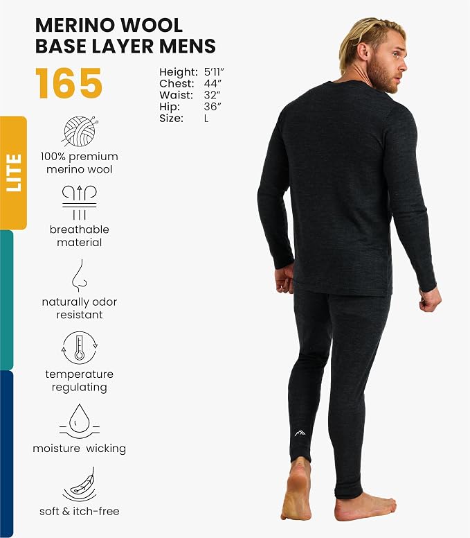 Merino.tech Merino Wool Base Layer Mens Set - Heavyweight, Midweight, Lite Merino Wool Thermal Underwear For Men Top, Bottom