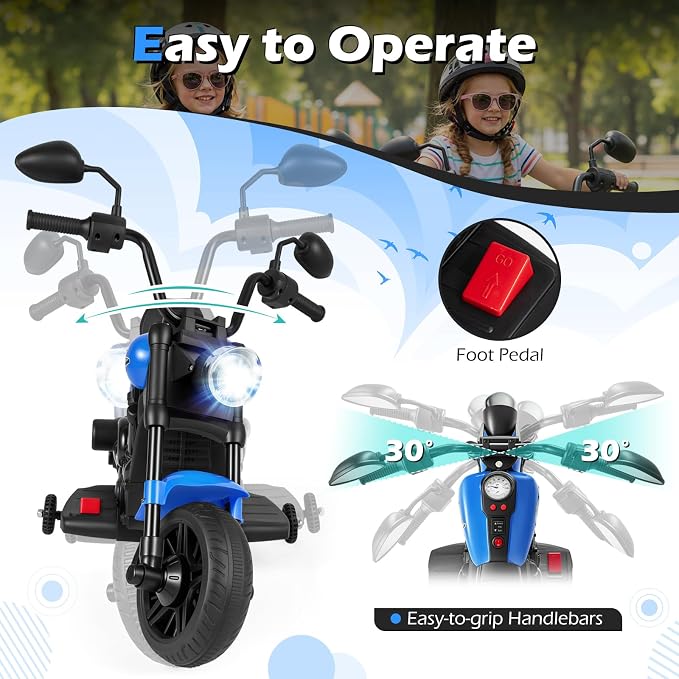 Costzon Kids Motorcycle, 6V Chopper Motorbike Ride on Toy with Headlight, Music, Training Wheels, Electric Toddler Motorcycle for Kids Boys Girls, Gift (Blue, 31" x 23" x 22"(L x W x H))