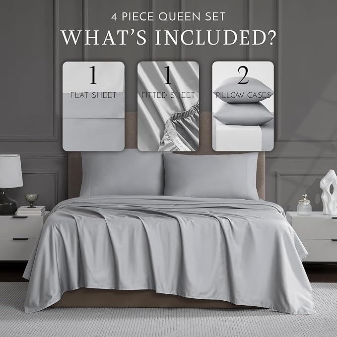 Linen Closet Luxury 1200 Thread Count Queen Sheet Set, 4 Pcs, Cotton Rich, Soft Silver, Soft, Durable & Wrinkle Resistant Sateen Sheets, Includes 16" Deep Pocket Fitted Sheet, Home & Hotel Essentials