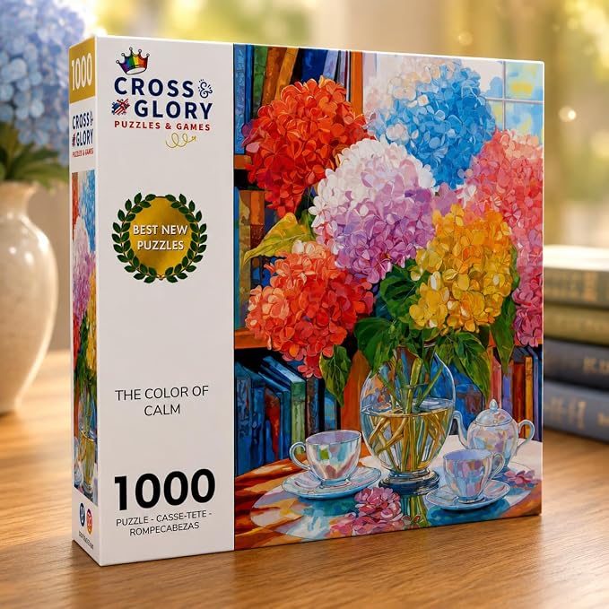 Cross & Glory – The Color of Calm – 1000 Piece Jigsaw Puzzle for Adults | Elegant Hydrangea Still Life Art Puzzle | Premium Quality 1000 Piece Puzzle for Adults
