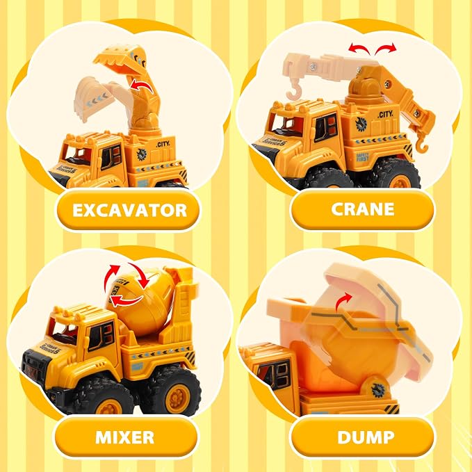 Construction Truck Toys for Toddlers 1-3, Push and Go Toy Vehicles Set with Mixer, Dump Truck, Excavator, Bulldozer, Friction Powered Cars for Boys and Girls, Gift for 2 3 4 5 Year Old Kids