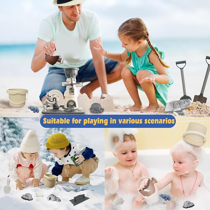 Beach Toy Set,12 Piece Sand Toys Cartoon Windmill Hourglass Toy, Includes Two Shovels, Water Bucket, Watering Can, Animal Tools Toys, Beach Toys Suitable for Children Aged 3-13