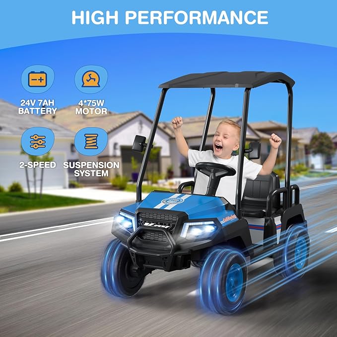 LIGIANT 24V Ride on Car for Big Kids, 4-Seaters Ride on Golf Cart, Max. Capacity: 264 Lbs(4 Kids), 4WD Kid's Car w/Remote Control, Detachable Awning, Spring Suspension, Music/Story/Power Display