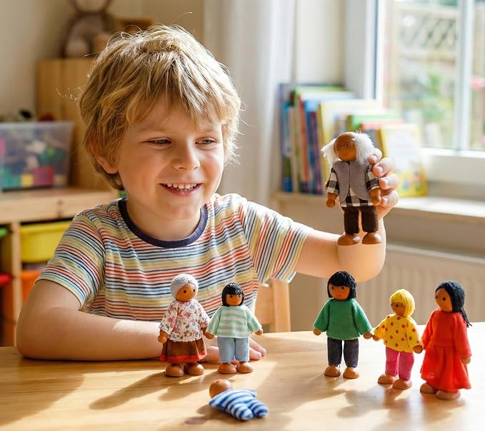 Jzszera 15 Pcs Wooden Dollhouse People with Movable Limbs, Doll House Family Figures for Educational Pretend Play