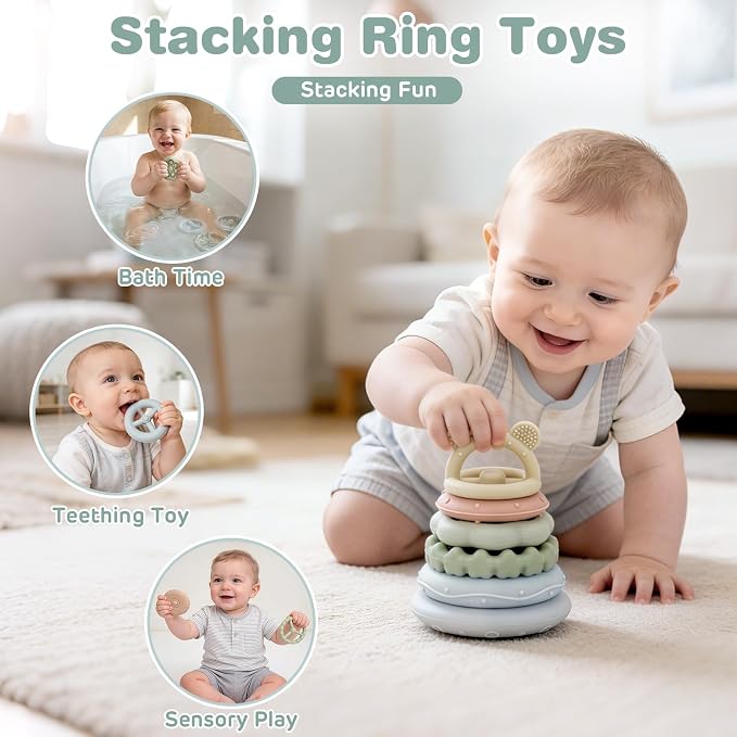 Baby Toys 6-12 Months, Montessori Toys for Babies, Shape Sorter & Stacking Rings & Stacking Cups & Sensory Balls, Teething Toys & Stacking Toys for 6+ Months, Neutral Color Gift for Boys Girls