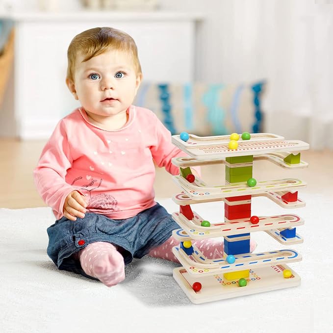 Wooden Marbles Run Ball Drop Toys 8-Tier Rolling Tower Toys with 16 Balls Ramp Whirling Game Ball Tower Educational Learning Toys for Gifts 3 4 5 6 7 8 Years Toddler Boys Girls
