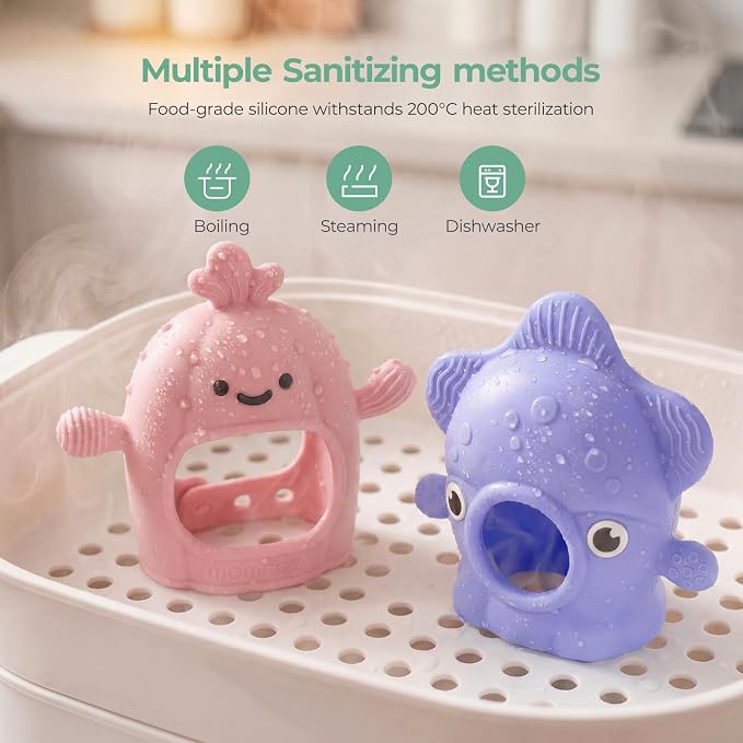 Momcozy Baby Teething Toys, Food Grade Silicone Baby Teether for 0–12 Months, Baby Adjustable Teethers Mitten, Easy Grip Teething Relief with Multiple Chew Points,Sensory Exploration ，Sky Blue