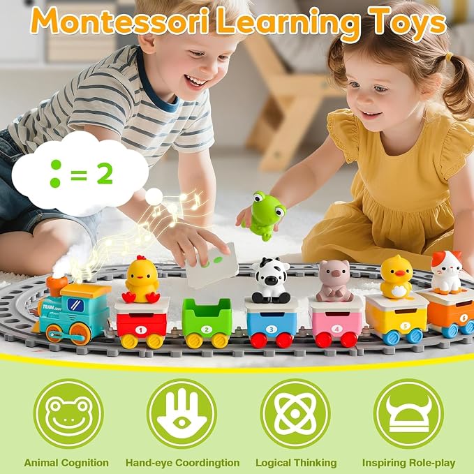Farm Animal Train Toys for Toddlers 2-4, Kids Electric Train Set with Music, Steam & Lights, Montessori Learning Toys with Finger Puppets, Christmas Birthday Gifts for Boys Girls Age 18 Months+