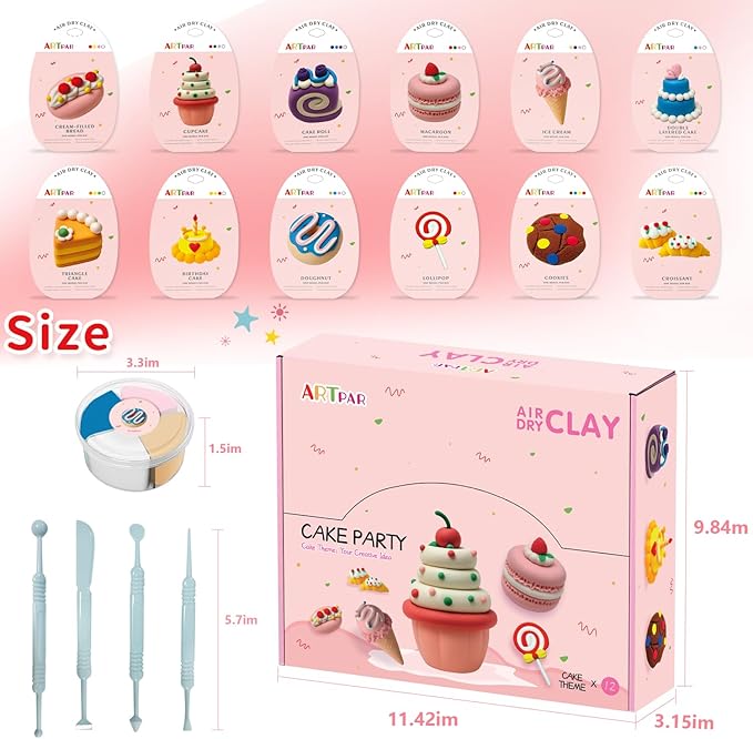 ARTPAR Air Dry Clay Kit,12 Desserts Modeling Magic Clay for Kids Sculpting Set, Ultra-Light & Soft, Safe and Non-Sticky | DIY Art & Crafts Fun Kitchen Toys, Home Party Favors for Boys & Girls