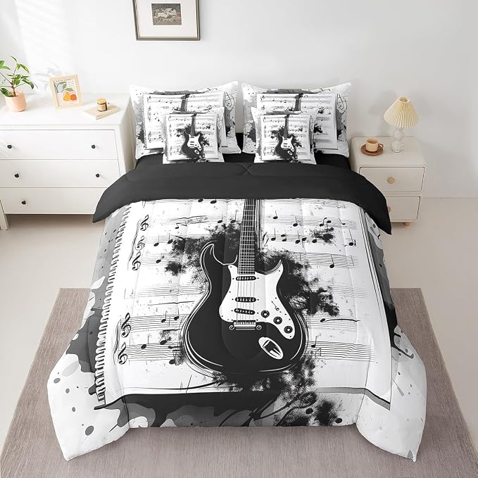 Feelyou Music 7 Pieces Bedding Set Queen Size Guitar Comforter Set with Sheets for Kids Boys Girls Rock Music Bed in a Bag Guitar Instruments Bed Set