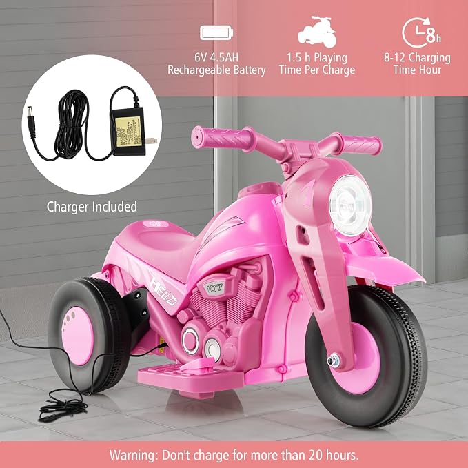 Costzon Kids Motorcycle, 6V Battery Powered Ride on Motorcycle with Bubble Maker, Music, LED Headlight, Forward & Backward, 3 Wheels Electric Motorcycle for Kids, Gift for Boys & Girls (Pink)