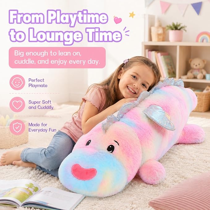 Jumbo Dinosaur Pillow,Cute Pink Giant Dinosaur Stuffed Animal,Dino Plush Toys for Girls,Rainbow Large Dino Plushies,Big Stegosaurus Stuffy,Cuddle Pillow Kids Easter Birthday Valentine Gift