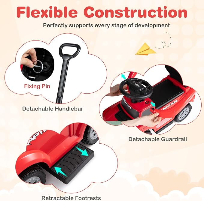 Costzon Ride On Push Car for Toddlers, 3-in-1 Ford Licensed Sliding Car w/Handle, Guardrail, Horn, Engine Sound, LED Lights, Under Seat Storage, Foot-to-Floor Kids Ride On Toys for Boys Girls (Red)