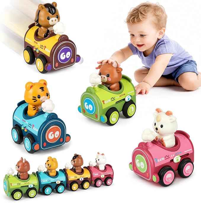 4 Pack Magnetic Connect & Press to Go Car Toys, Animal Finger Puppet Race Cars, Fine Motor Skill Toddler Toys 1-3, Push Down Friction Vehicle Set, Gifts for Baby Boys Girls 12-18 Months