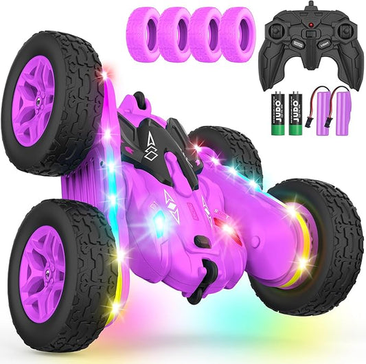Terucle Remote Control Car, Rc Cars Stunt RC Car Toys New Upgraded Strip Lights and Headlights Girl Toys Double-Sided 360° Rotating 4WD Drift Truck for Boys Girls Birthday Gift (Purple)
