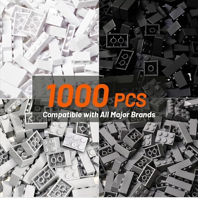 Pairez Toys 1000 Piece Blocks for Building, Classic Bulk 2x4 Basics Bricks Building Set, Compatible with All Major Brands, Creative STEM Building Toys for Kids Ages 4 5 6 7 8 (Black & Gray & White)