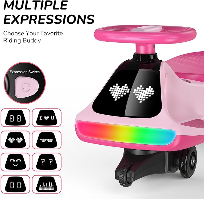 Umatoll 12V Electric Wiggle Car for Kids with Pedal, Display, Rechargeable Battery, LED Light, Bluetooth, Light-Up Wheels, Anti-Rollover, 2 Speeds, Ride on Toys, Birthday Gifts for Age 3+, 150Lbs