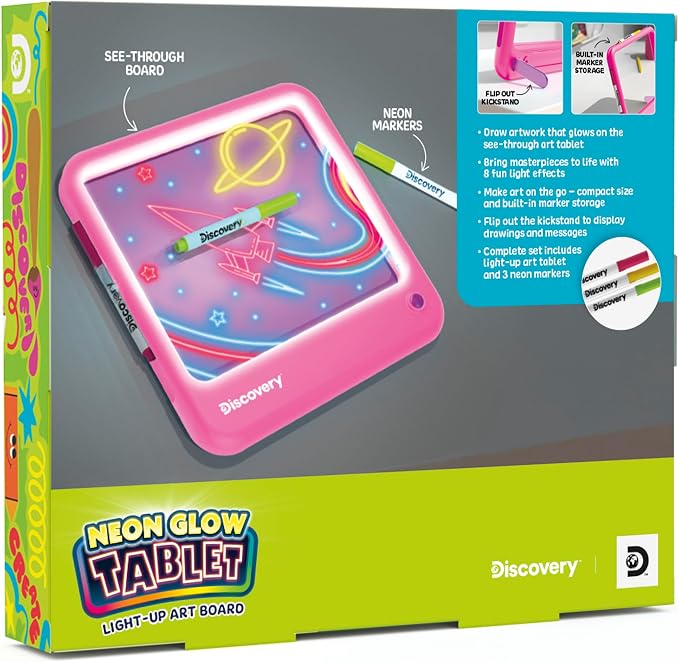 Discovery Neon Glow Drawing Board - LED Drawing Tablet for Kids| 8 Light Effects, 3 Washable Markers| Doodle Board Sketch Pad Art Kit| Built-in Storage & Display| Arts & Crafts Toy| Boys & Girls Gift