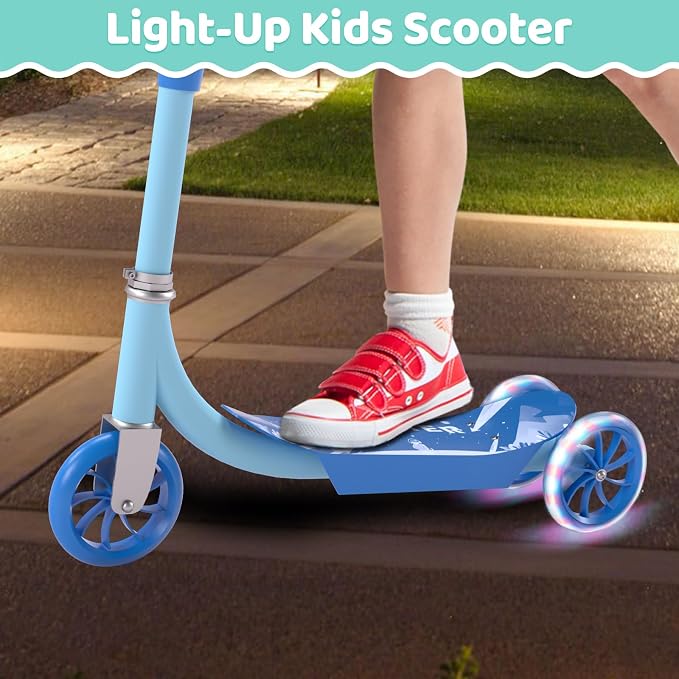 Kick Scooters for Kids 3-5 5-7 Years Age - Handlebars Safe-First Steer,Anti-Slip Deck,Height Adjustable Three Wheeled LED Lighted Up Toddler Scooter for Boy & Girl, Indoor Outdoor Kid Child Toy Gift
