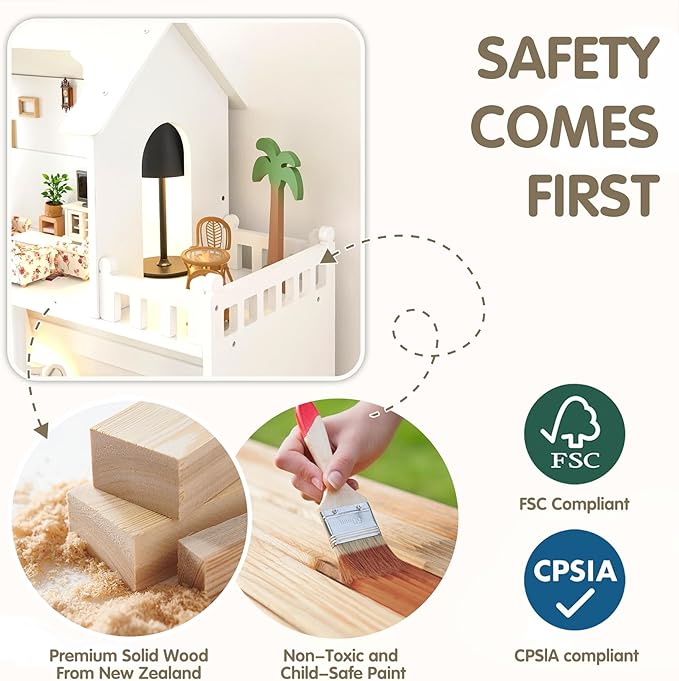 Wooden Dollhouse Bookshelf - Toddler Doll House Bookcase, Extra Space Kids Toy Storage Book Shelf, 3-Tier Children Dollhouse, Pretend Play Toy House (Modern Flat Roof)