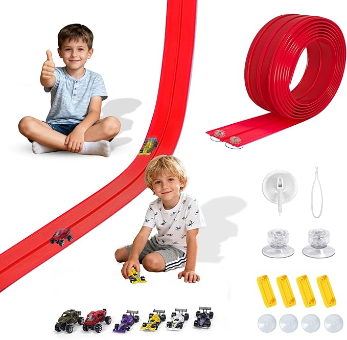 Portable DIY 16ft Flexible Race Track with Roll-Up Storage Compatible with 1/64 Diecast Cars Ages 3+（Includes 6 Racing Cars） Christmas Decorations for Kids
