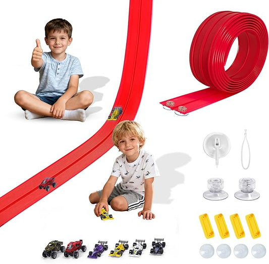 Portable DIY 16ft Flexible Race Track with Roll-Up Storage Compatible with 1/64 Diecast Cars Ages 3+（Includes 6 Racing Cars） Christmas Decorations for Kids