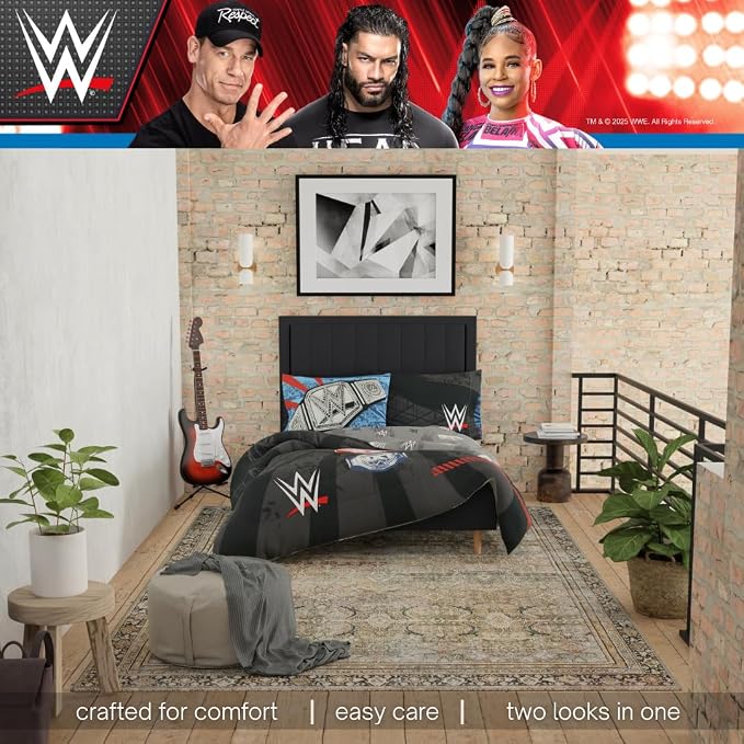 WWE Wrestlemania Bedding Super Soft Microfiber Comforter and Sheet Set, 5 Piece Full Size, (Officially Licensed Product) By Franco
