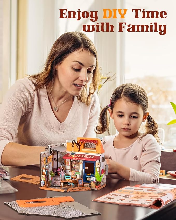 Rowood Miniature House Kit,Mother's Day Mini House Building Kit with LED,DIY Dollhouse Craft Kits for Adults,Birthday for Women Ages 14+(Corner Bookstore)