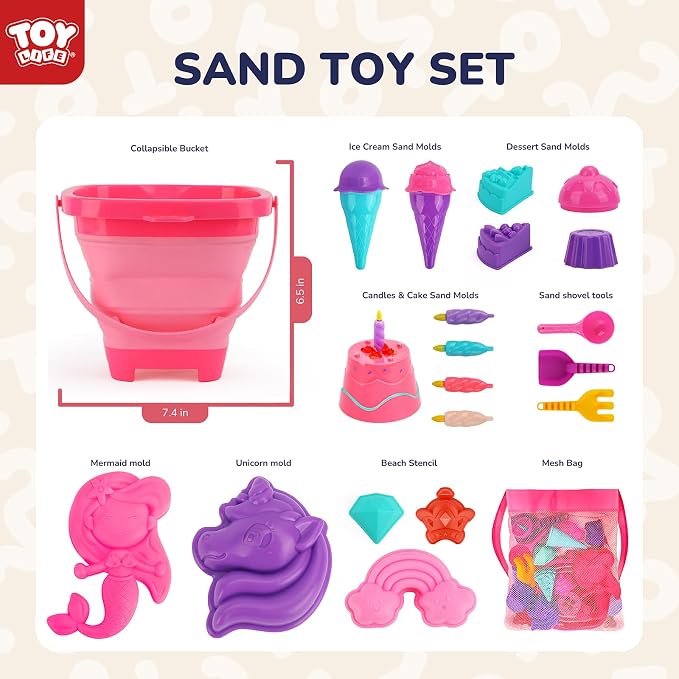 TOY Life 23 Pcs Unicorn Beach Toys for Kids Ages 4-8 Collapsible Sand Toys with Silicone Bucket Shovels & Sand Castle Building Kit Molds, Sandbox Toy for Travel, Beach Party, Fishing, Summer Toys