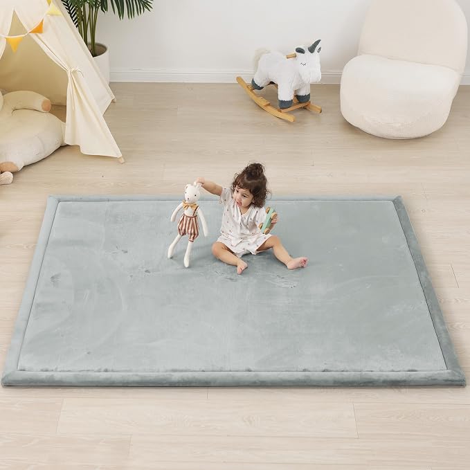 1.5" Thick Padded Baby Play Mat for Floor Tummy Time, Pro Soft Foam Activity Playroom Playmats, Easy Care with Non-Slip Safe for Infant Toddler Kids Crawling 39"x 59" (Light Grey)