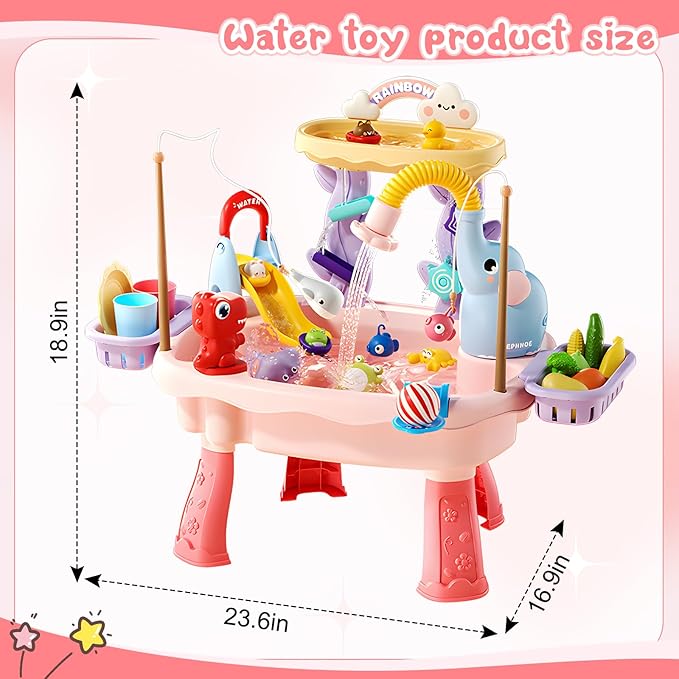 2027 Upgraded 4-in-1 Sand Water Table for Toddlers 1-3, Kids Sensory Table with Electric Water Pump & Elephant Faucet, Play Kitchen Sink with Food Accessories, Fishing Toy (Pink)