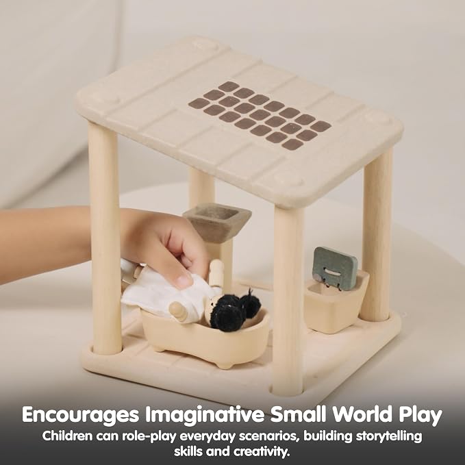 PlanToys® Wooden Dollhouse Bathroom Room Set | Bath, Toilet, Sink & Accessories Furniture Set | Open Ended Role Play Room for Dollhouse Expansion
