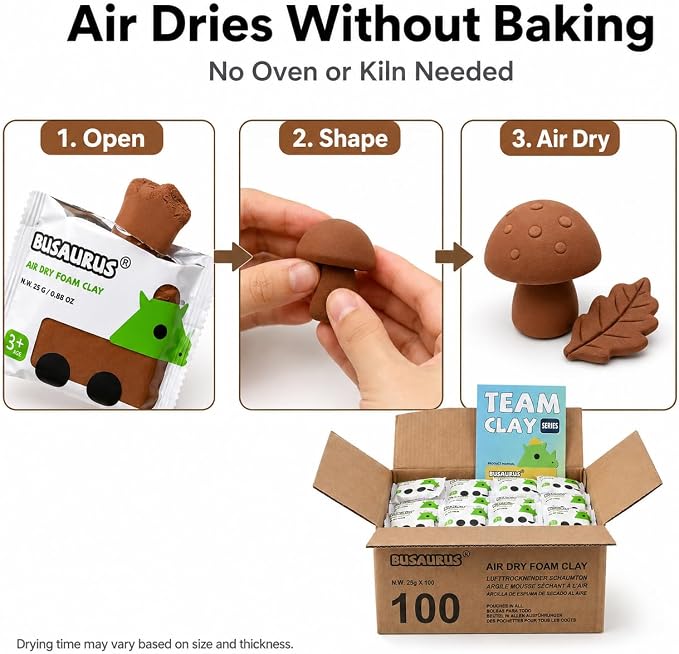 100-Pack Brown Air Dry Foam Clay, 25g Bulk Individually Wrapped Modeling Clay for Teachers, Classroom Nature Crafts, Fall Art Projects, School Art Supplies, Soft Foam Clay Alternative