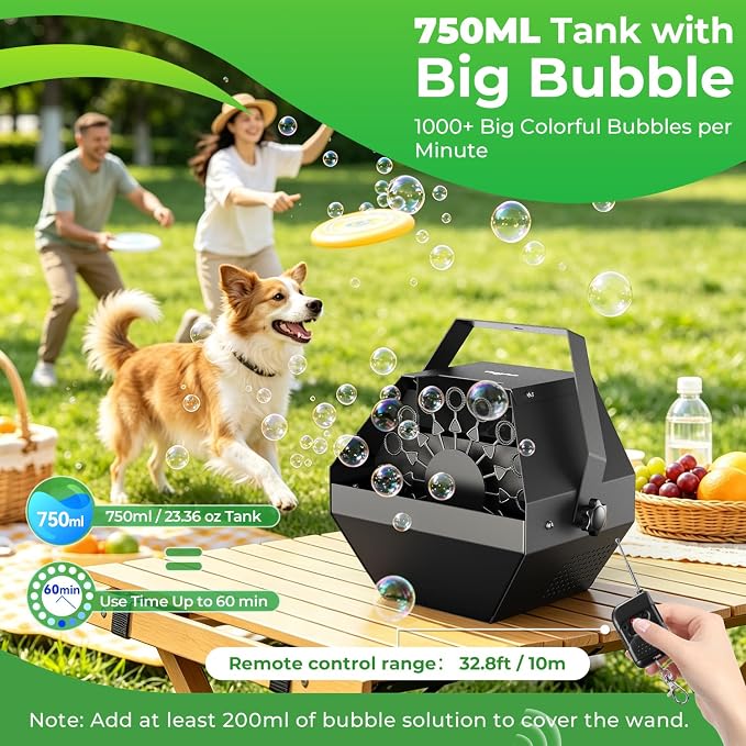 Theefun Bubble Machine, 750ml Stage Bubble Blower Metal, USB Plug in or 8 Battery Powered, Portable Party Bubble Maker for Stage BBQ Birthday Outdoor Indoor Use (Remote Control)