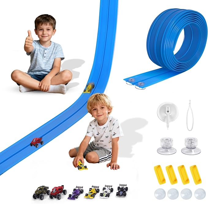 Portable DIY 16ft Flexible Race Track with Roll-Up Storage Compatible with 1/64 Diecast Cars Ages 3+（Includes 6 Racing Cars）
